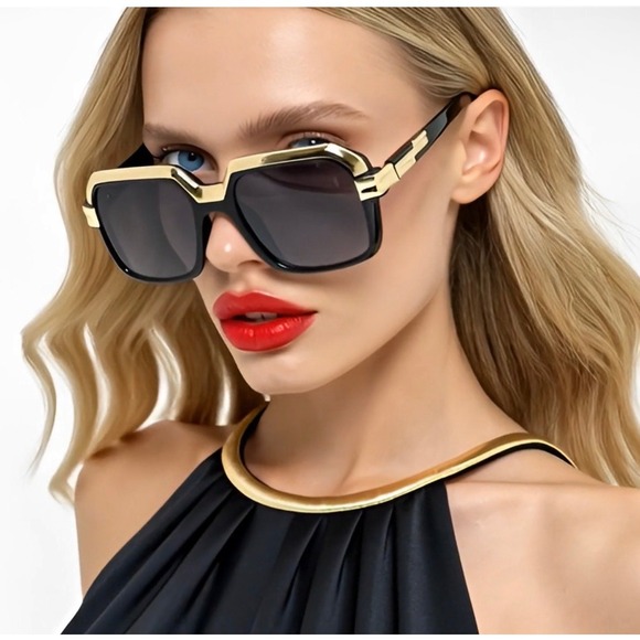 Unbranded Accessories - Oversized Square Sunglasses Black Gold Frame Gradient Lens Womens Aviator Fancy‎